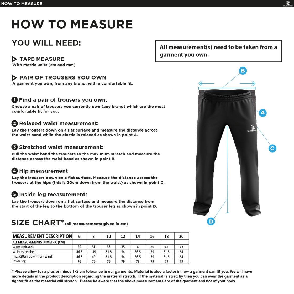Sheppey CC - Women's Poplin Track Pant - Size Guide