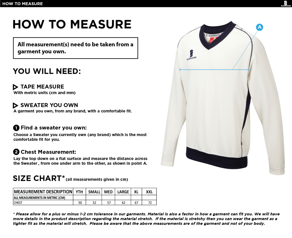 Sheppey CC - Long Sleeve Sweater Navy Trim - Size Guide