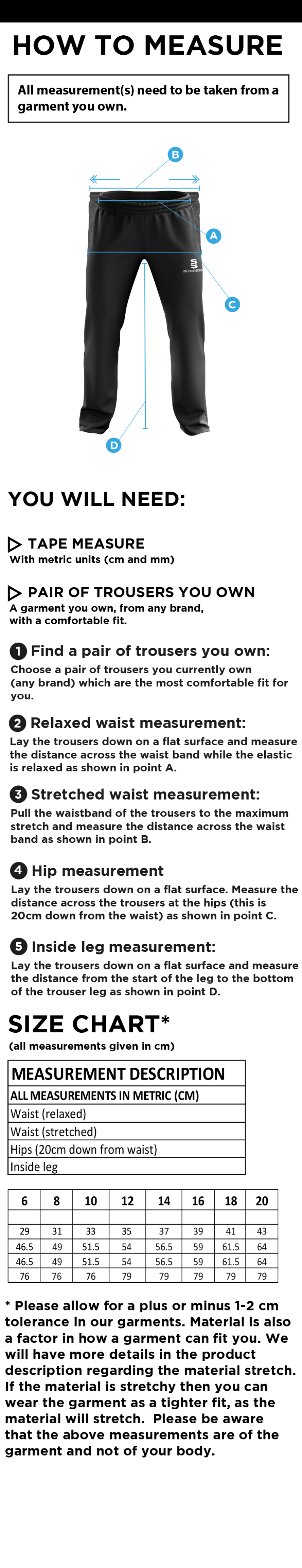 Sheppey CC - Women's Ripstop Track Pant - Size Guide