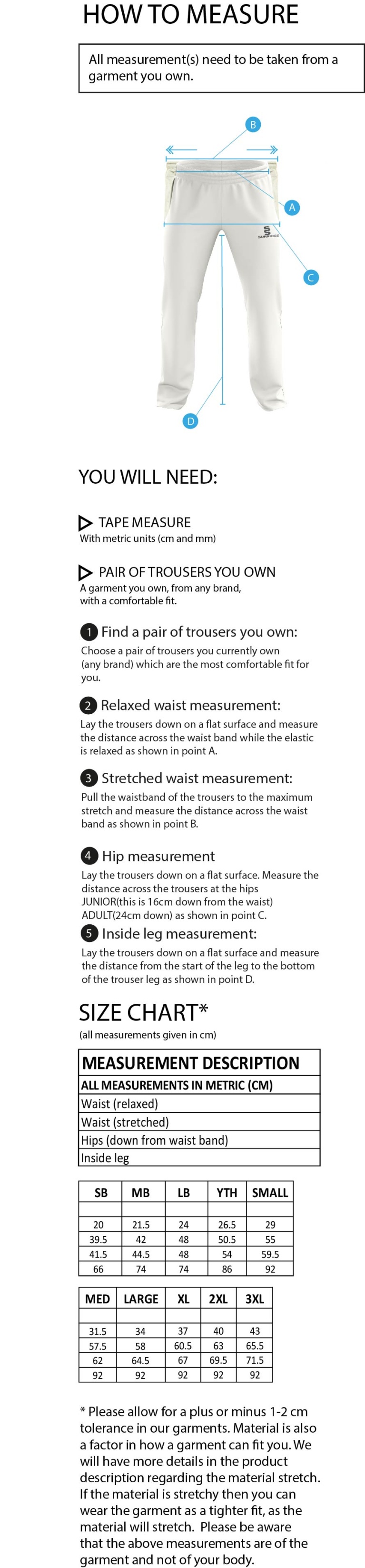Sheppey CC - Standard Playing Pant - Size Guide