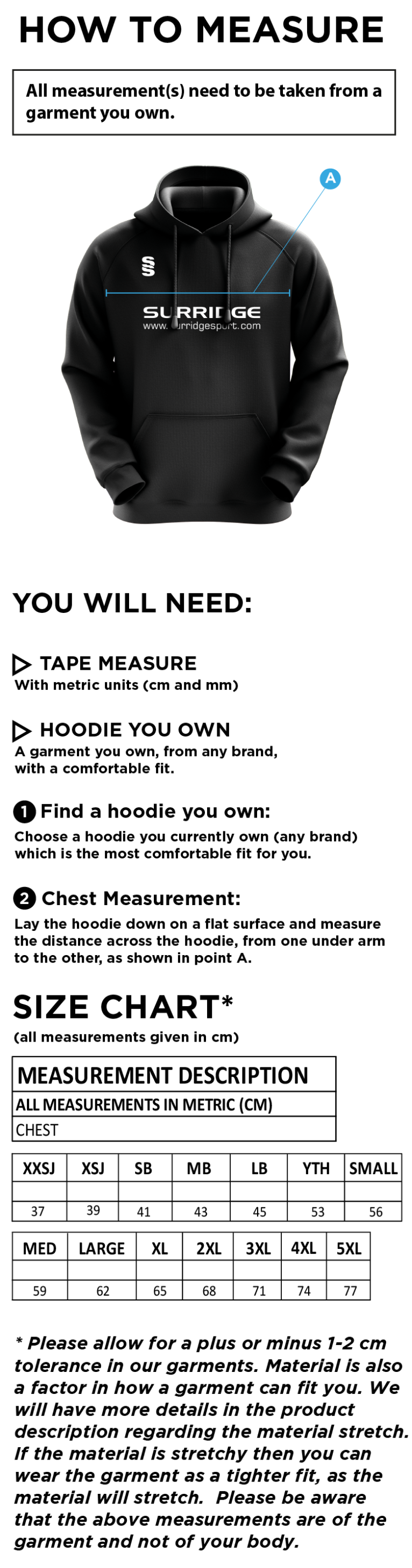 Sheppey CC - Fuse Hoody - Size Guide