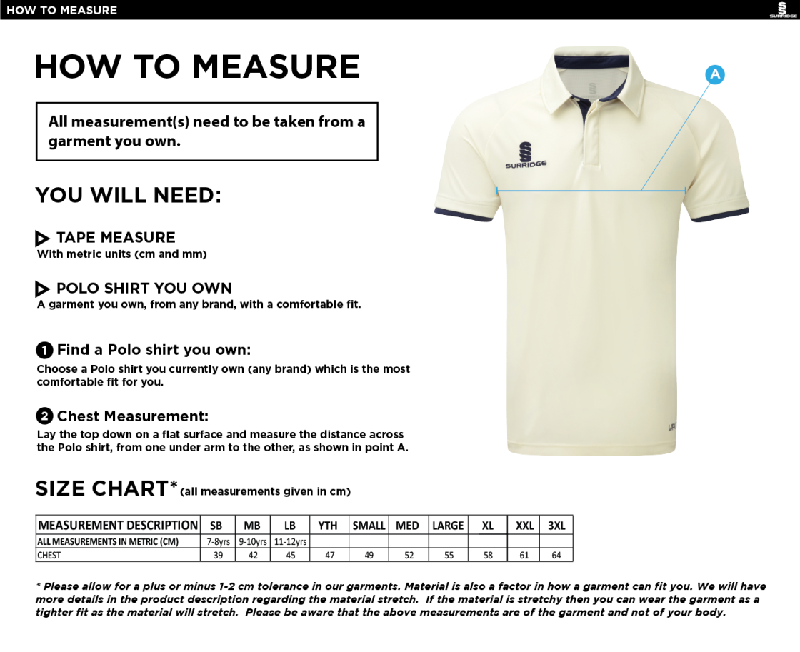 Sheppey CC - Junior Ergo Short Sleeve Navy Trim Shirt - Size Guide