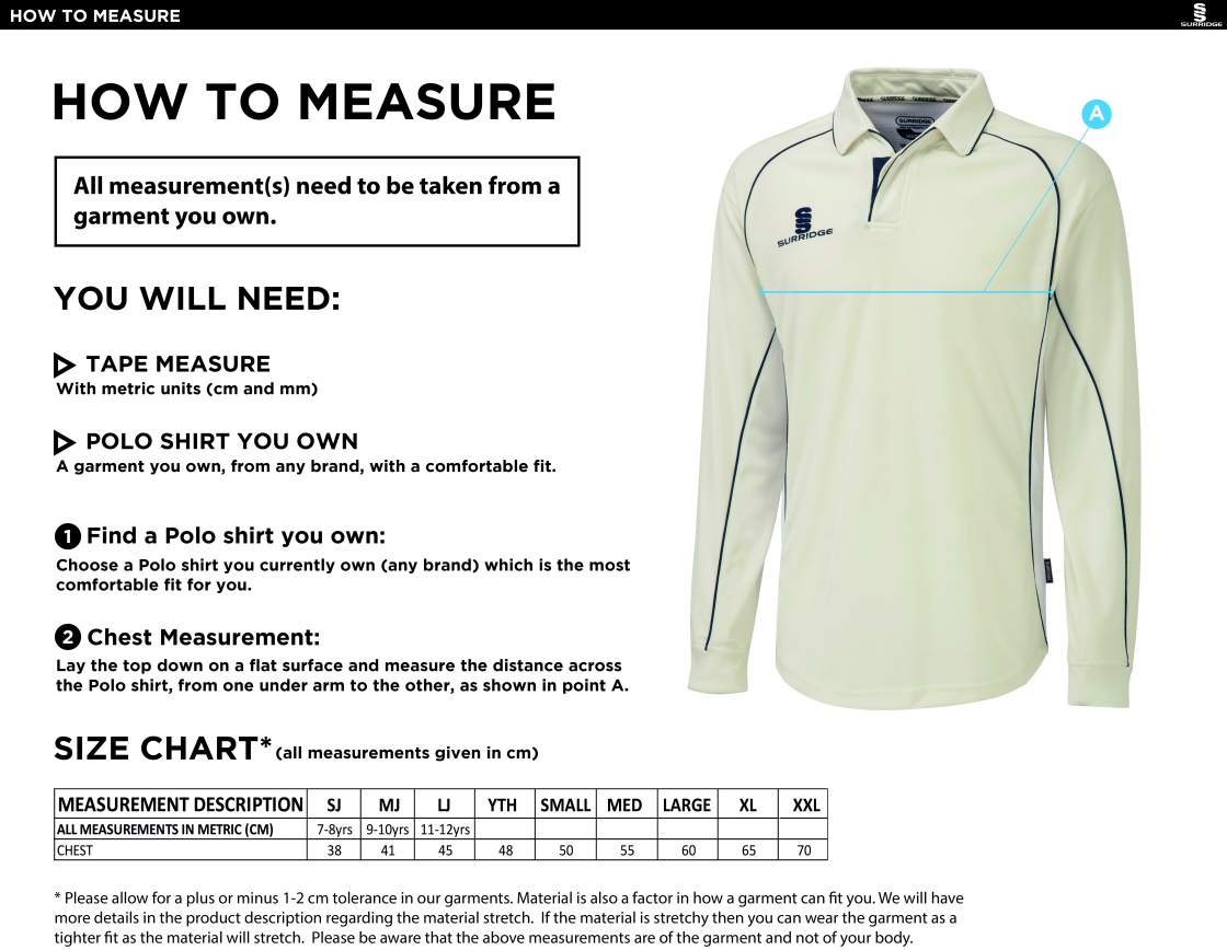Sheppey CC - Senior Premier Long Sleeve Navy Trim Shirt - Size Guide