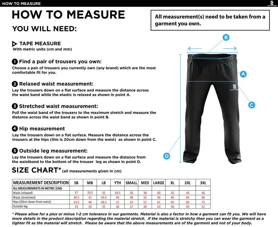 Sheppey CC - Ripstop Track Pant - Size Guide