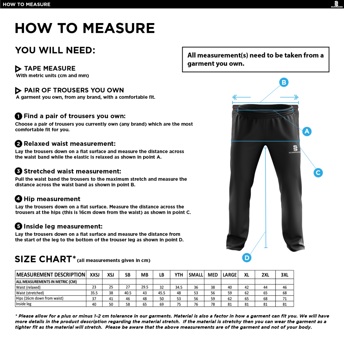Sheppey CC - Poplin Track Pant - Size Guide