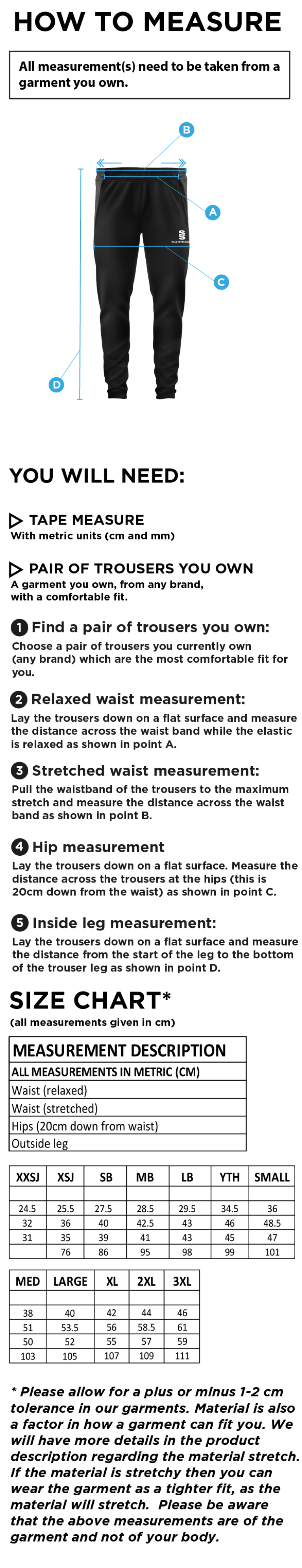 Sheppey CC - Tek Slim Pant - Size Guide