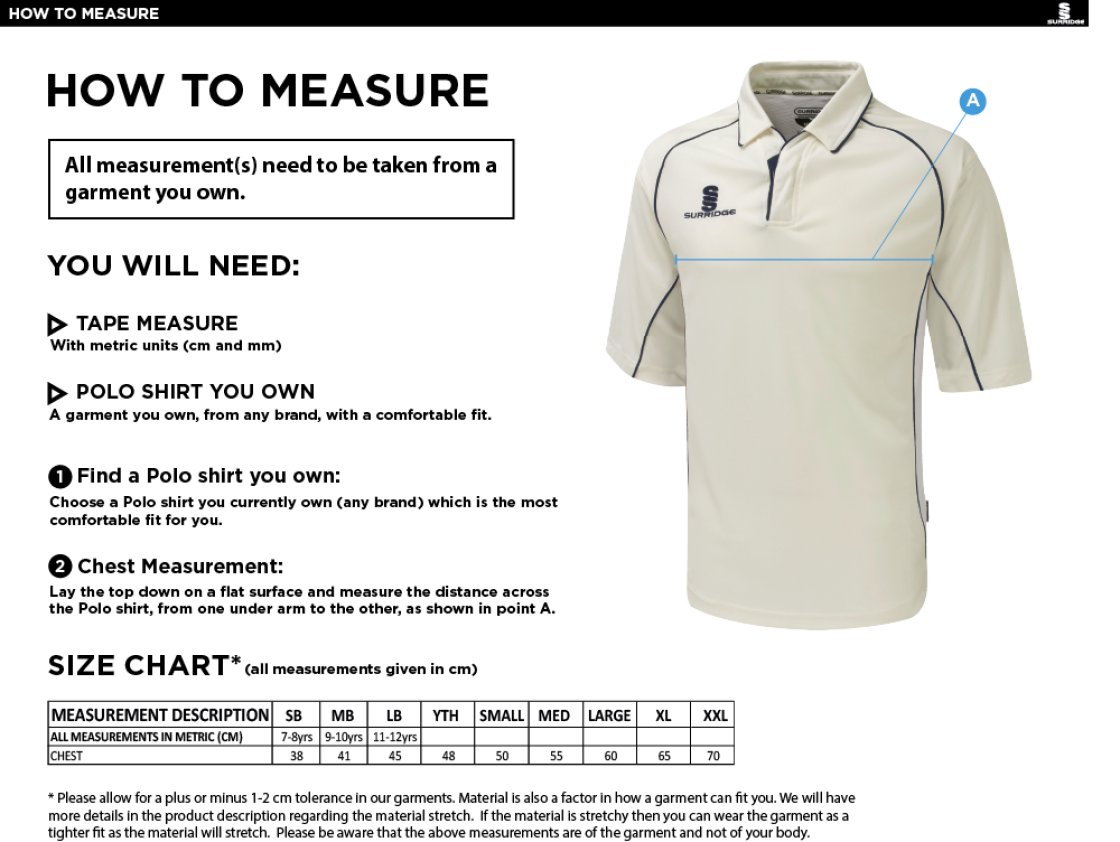 Sheppey CC - Junior Premier 3/4 Sleeve Navy Trim Shirt - Size Guide