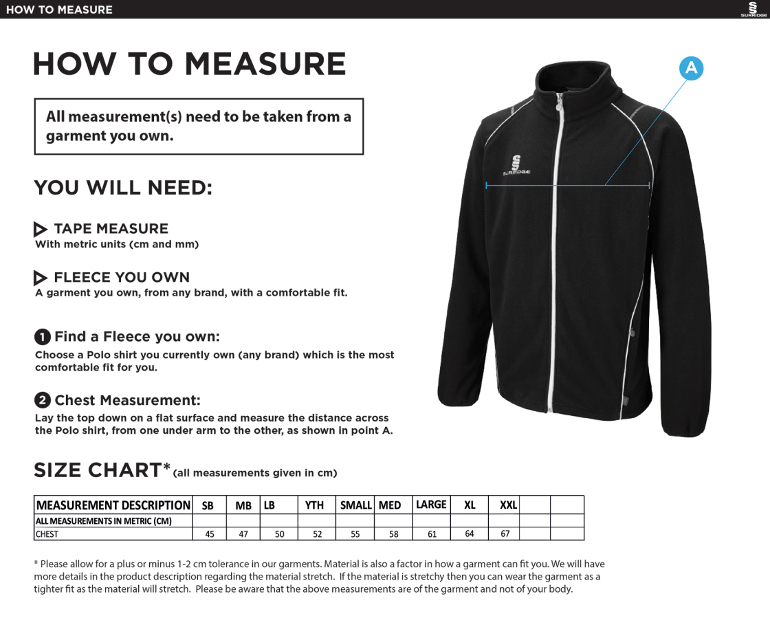 Sheppey CC - Curve Fleece Jacket - Size Guide