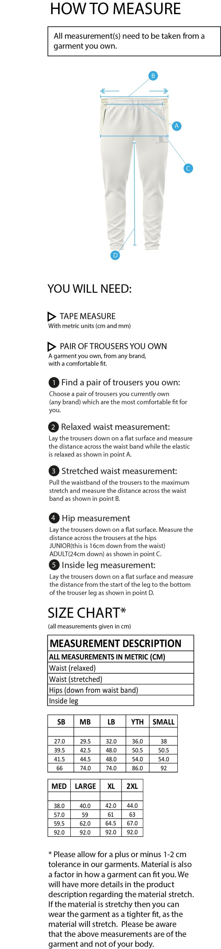 Sheppey CC - Tek Playing Pant - Size Guide