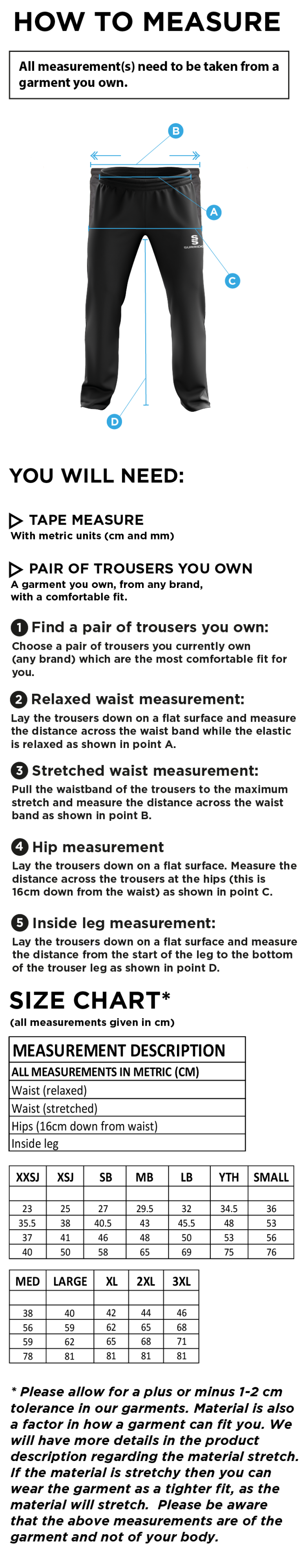 Sheppey CC - Poplin Track Pant - Size Guide