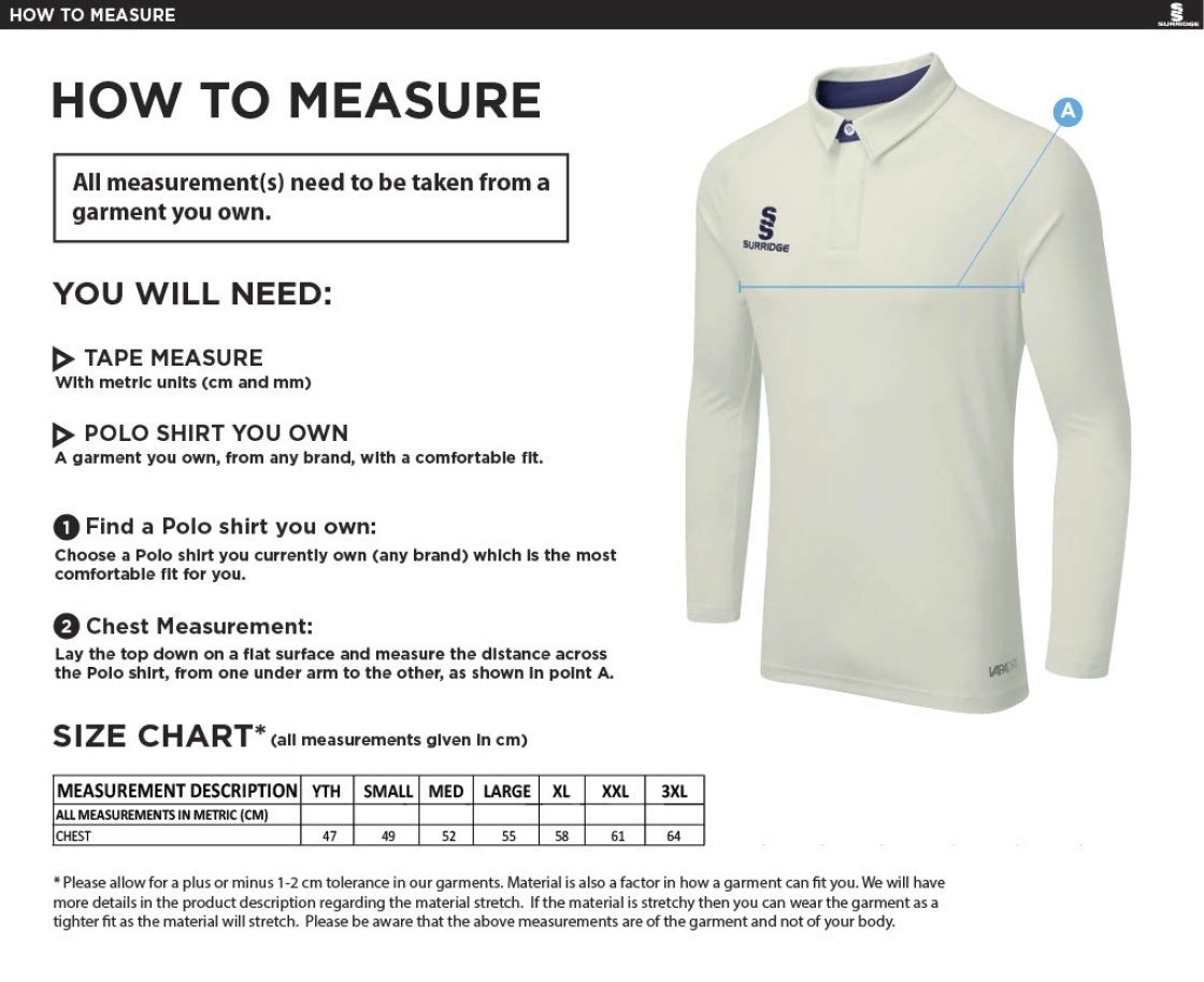 Sheppey CC - Junior Ergo Long Sleeve Navy Trim Shirt - Size Guide